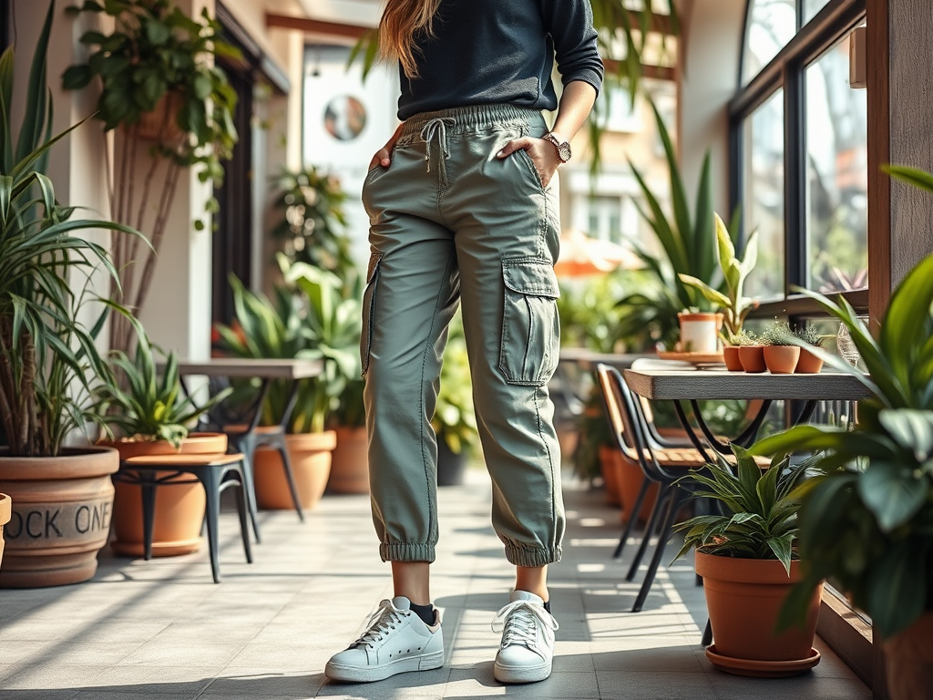 Een persoon staat tussen planten in een moderne ruimte, gekleed in casual kleden en witte sneakers.