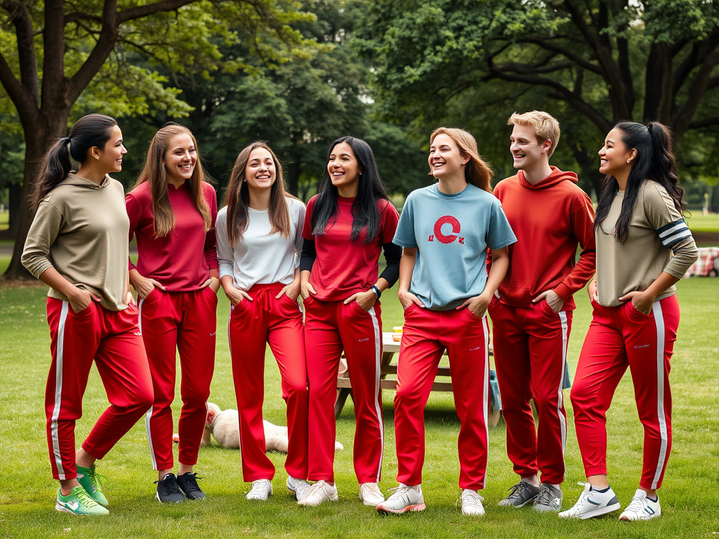 Groep jongeren in sportoutfits, lachend en samen staand in een park, met bomen op de achtergrond.