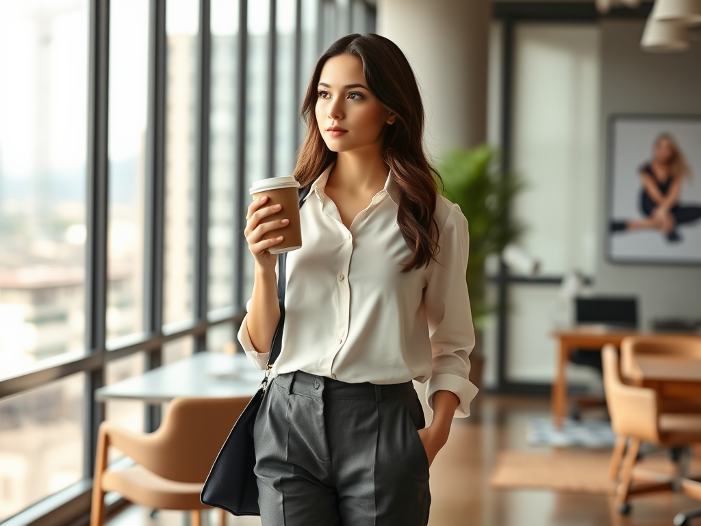 Een vrouw in een kantoor houdt een koffiekopje vast terwijl ze uit het raam kijkt. Ze draagt een witte blouse en grijze broek.