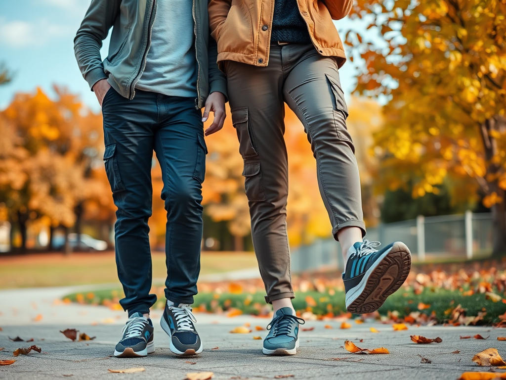 Twee personen lopen hand in hand over een pad met herfstbladeren, omringd door kleurrijke bomen.