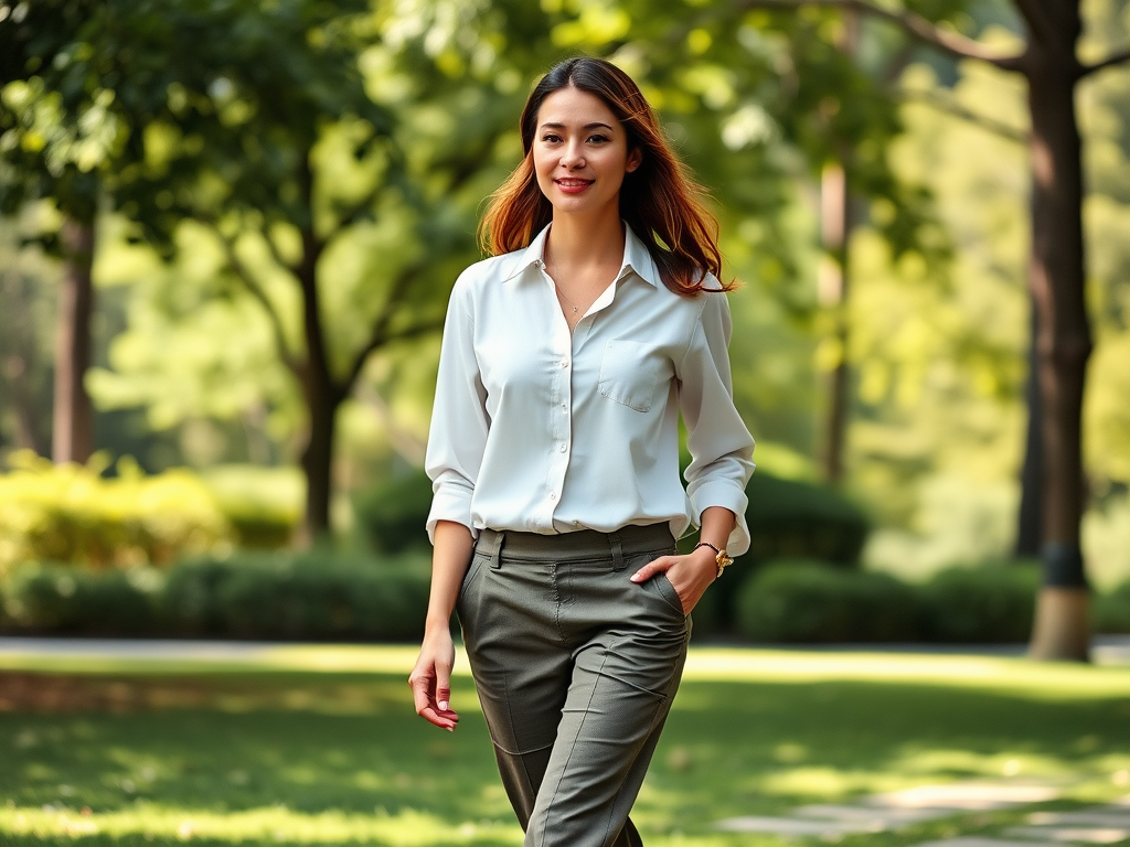 Een vrouw in een wit shirt en groene broek loopt glimlachend door een groene parkomgeving.