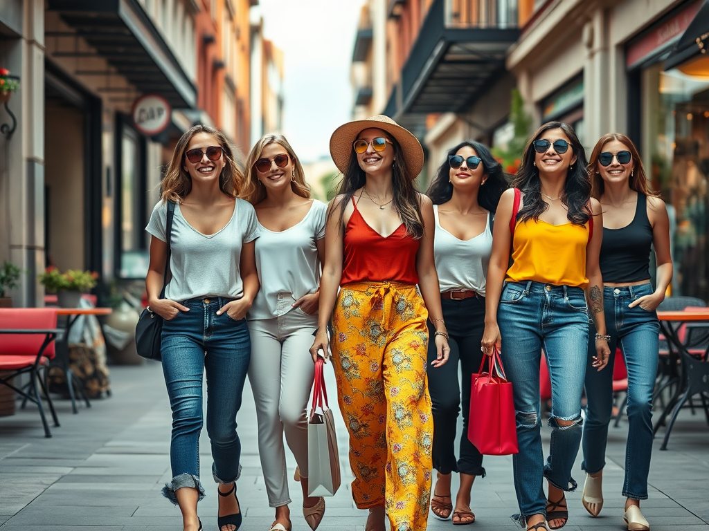 Zes vrouwen lopen samen vrolijk door een winkelstraat, gekleed in trendy outfits en zonnebrillen.