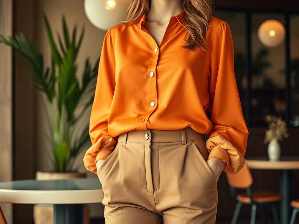 Vrouw in een oranje blouse en beige broek, staand in een moderne interieur met groene planten en meubels.