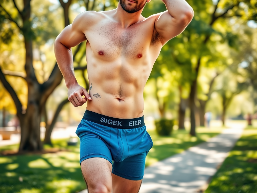 Een man in sportieve onderkleding rent buiten in een park, omringd door bomen en groen.