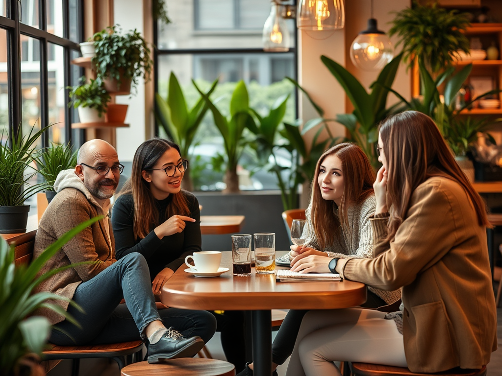 Vier vrienden zitten in een gezellige caféomgeving, omringd door planten, en delen gelach en gesprekken.