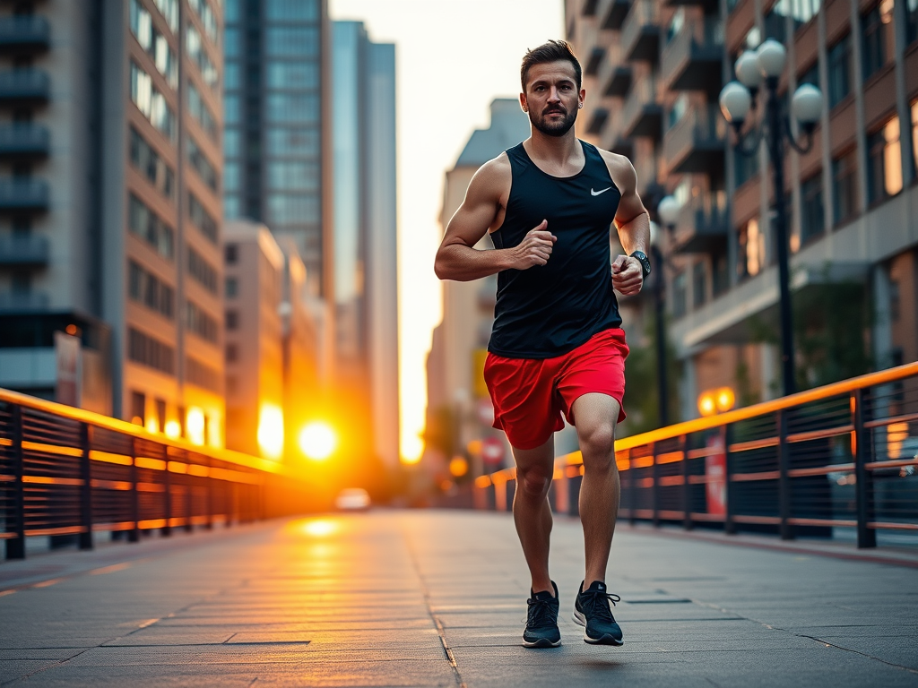 Een man in sportkleding rent op een boulevard met grote gebouwen en een ondergang in de achtergrond.