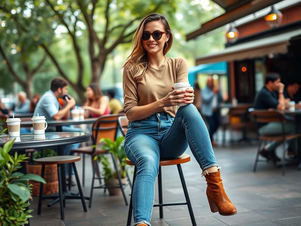 Een vrouw zit op een stoel in een café, drinkt koffie en kijkt vriendelijk, omringd door andere bezoekers.