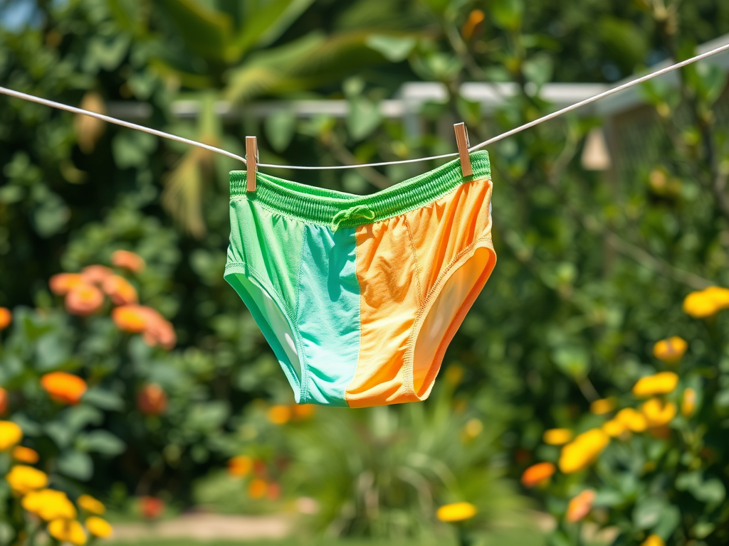 Kleurige zwembroek hangt te drogen aan een waslijn, omringd door groene bladeren en bloemen.