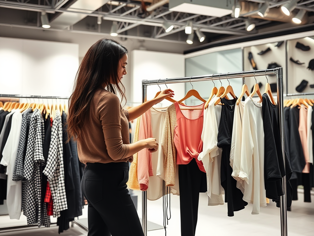 Een vrouw bekijkt kledingstukken aan een rek in een moderne kledingwinkel. Diverse stijlen en kleuren zijn te zien.