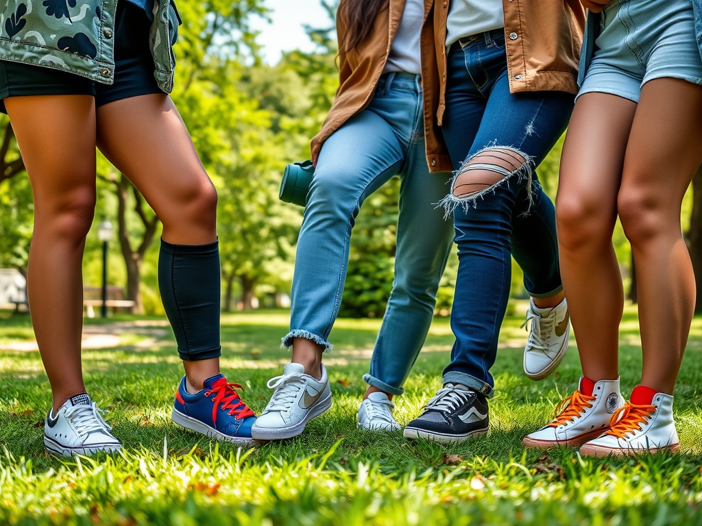 Vijf paar sneakers staan op het gras, omringd door bomen en groene natuur. Een gezellige, zonnige sfeer.