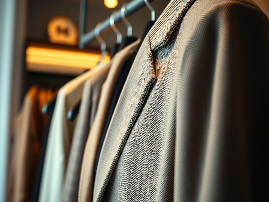 Een close-up van een beige jasje dat hangt tussen andere kledingstukken op een hanger.