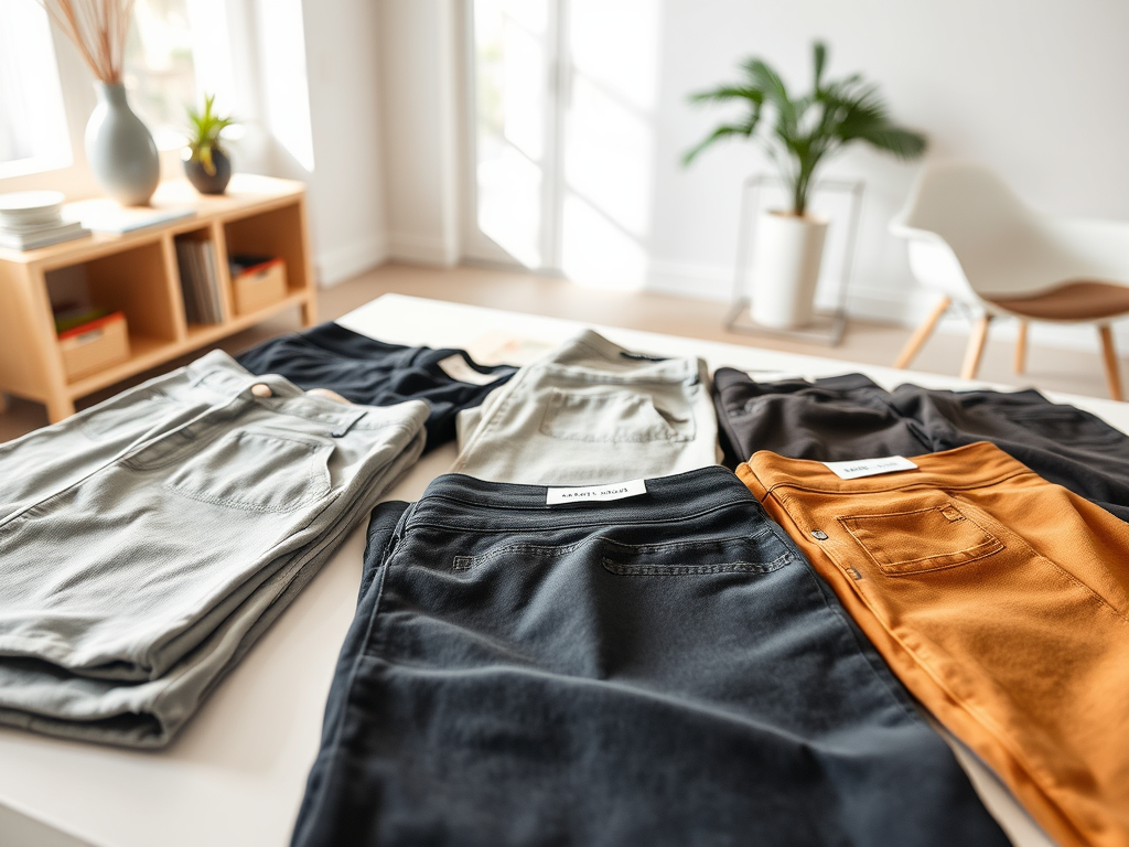 Een selectie van verschillende kleuren en stijlen broeken op een tafel in een rustige ruimte.