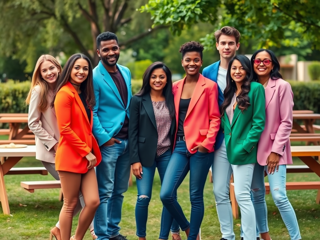 Een diverse groep jonge volwassenen poseert buiten in kleurrijke blazeroutfits. Groene bomen op de achtergrond.