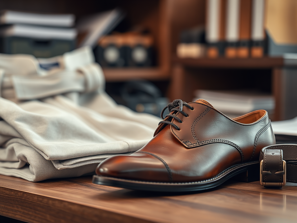 Een elegante bruine schoen, een riem en opgevouwen kleding liggen op een houten bureau.