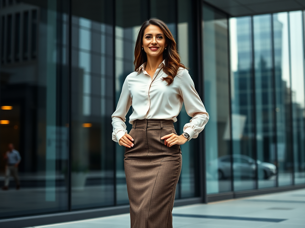 Een vrouw in zakelijke kleding staat zelfverzekerd buiten een kantoorgebouw met glazen wanden.