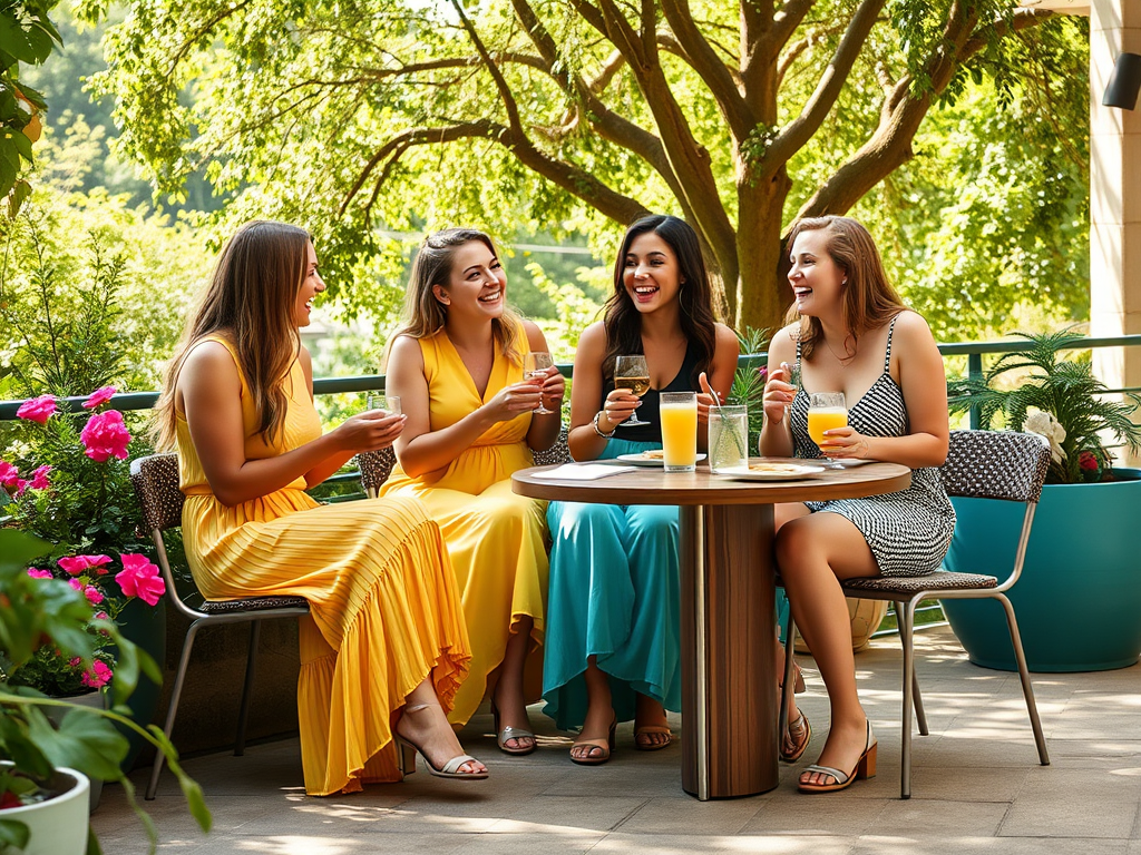 Vier vrouwen lachen en genieten van drankjes op een terras omringd door groene planten en bloemen.