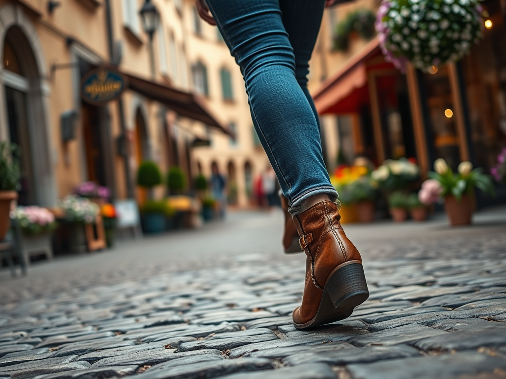 Een persoon loopt over een cobblestone straat met bloemen en winkels op de achtergrond in een pittoreske stad.