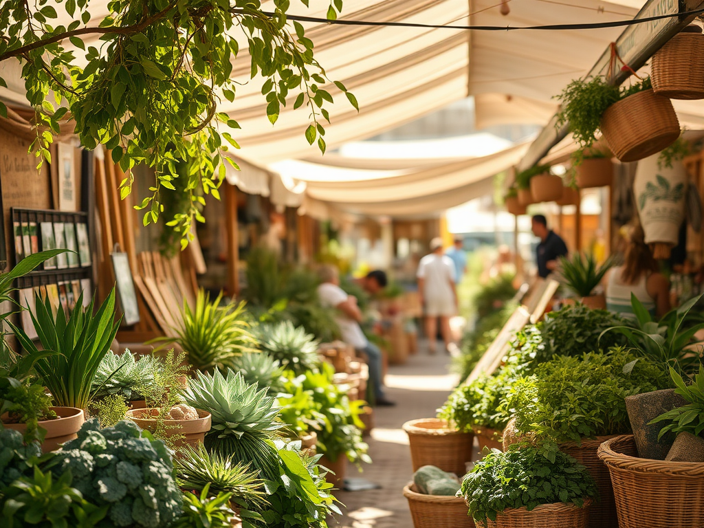 Een levendige marktplaats vol groene planten en gezellige stands, omgeven door zonlicht en schaduwdoeken.