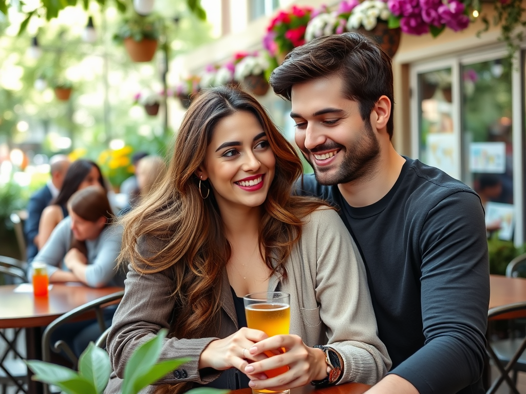 Een blije vrouw en man ontspannen samen in een café, omringd door bloemen en andere gasten.