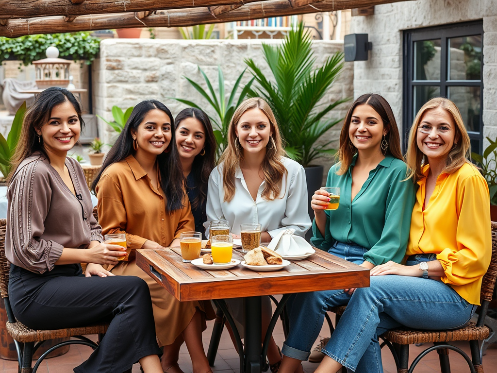 Zes vrouwen zitten samen aan een tafel met drankjes en snacks, lachend in een groene, zonnige buitenruimte.