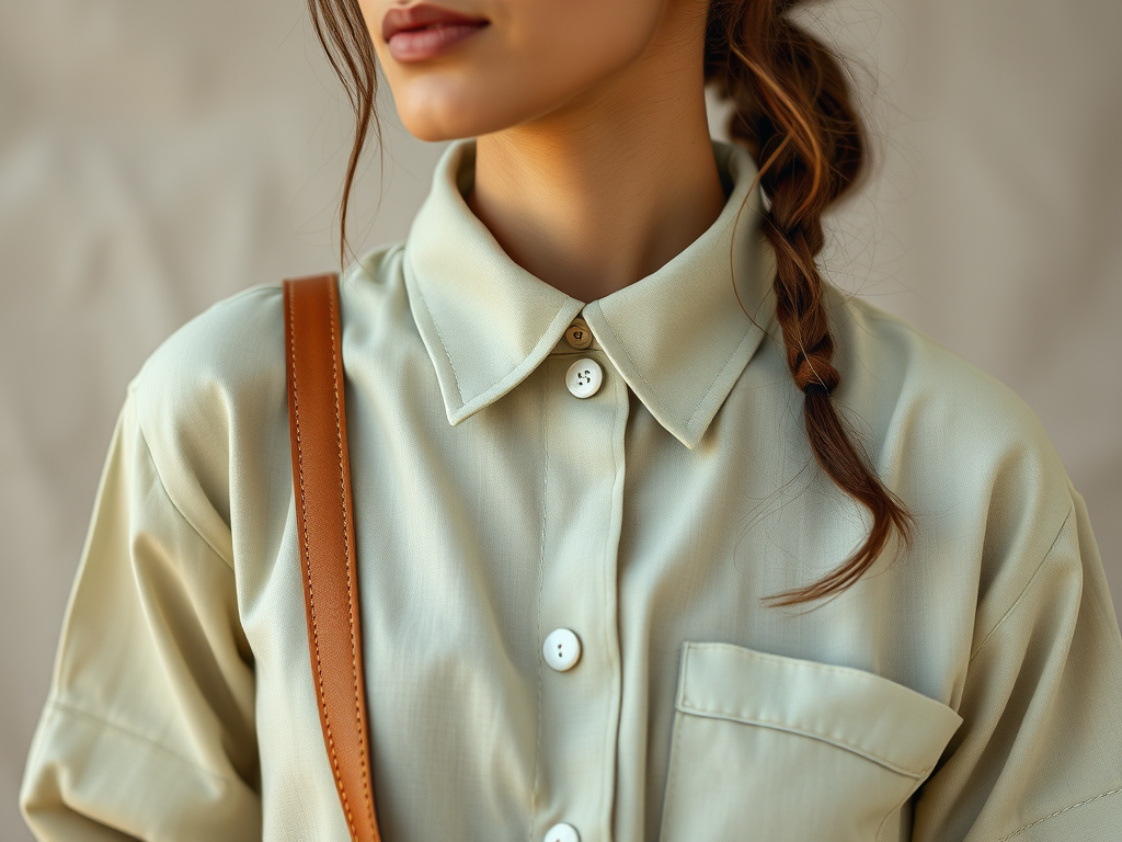 Een vrouw in een lichte blouse met knopen en een schoudertas, met een vlecht in haar haren.