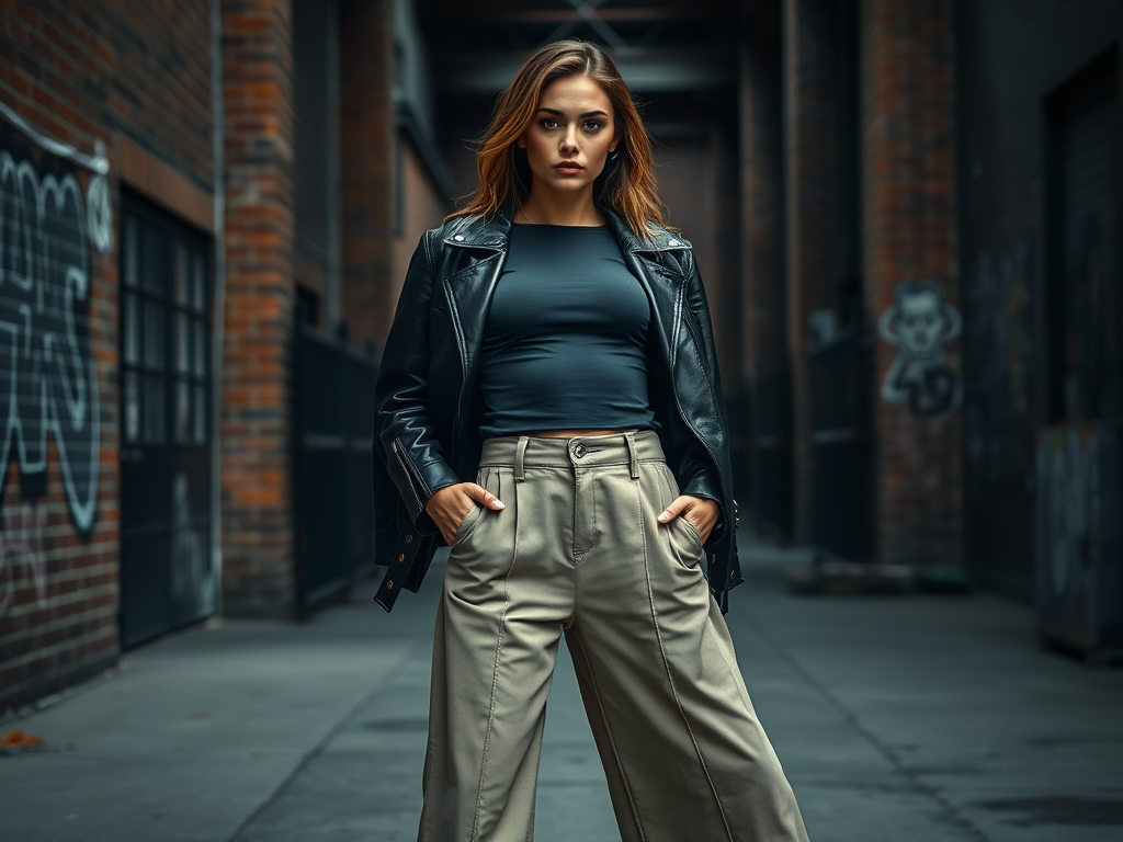Een vrouw in een leren jack en beige broek poseert zelfverzekerd in een smalle straat met graffiti.
