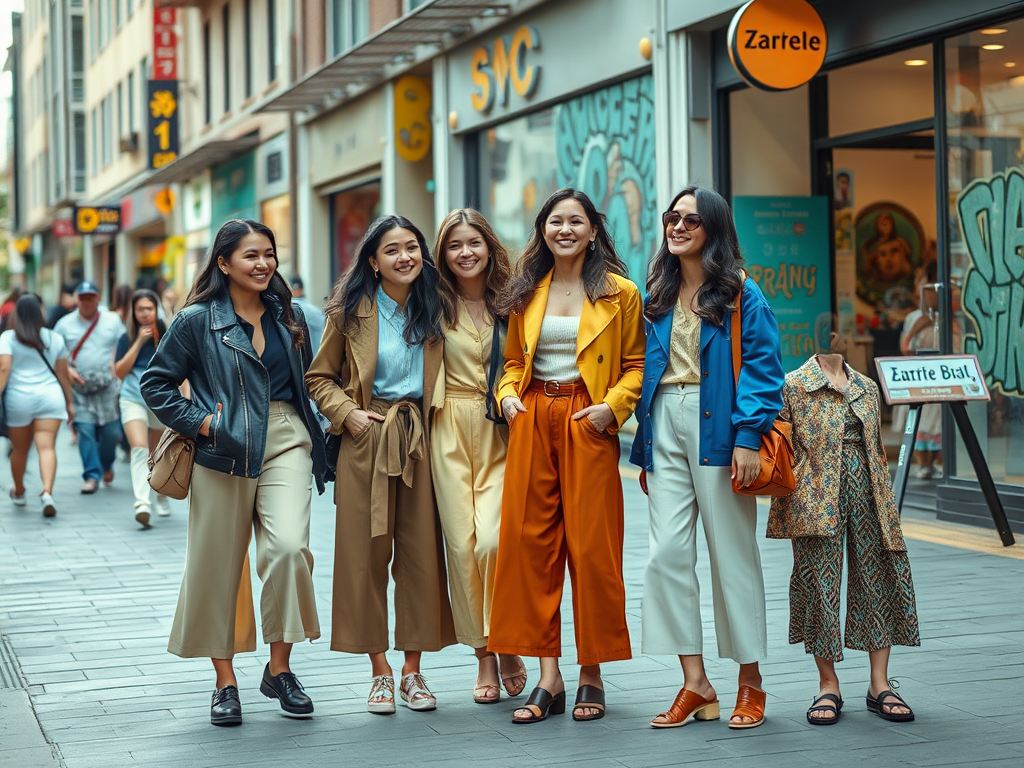 Zes vrouwen poseren vriendelijk op straat, gekleed in modieuze outfits, met een doodnormale sfeer.